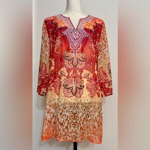 Chico’s Embellished Neckline Tunic Top Women’s SZ 1/M Tribal Beaded Sheer